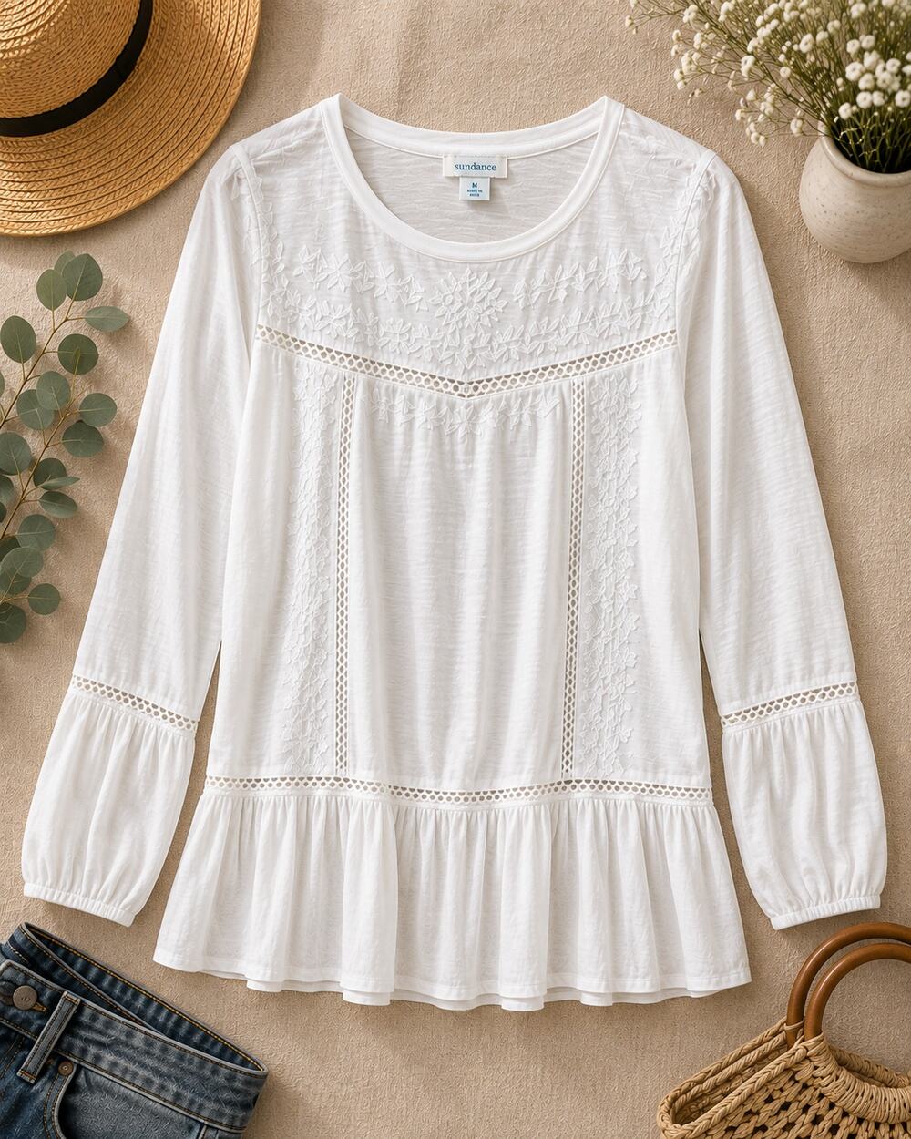 Sundance Talitha White Embroidered Peasant Blouse Long Sleeve Medium 100% Cotton